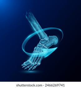 Ankle joint bone human organ anatomy in form style polygon low poly surrounded by arrows glowing on dark blue background. Used for design medical science advertisements. Vector EPS10 illustration.