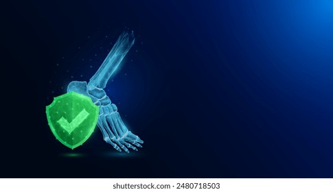 Ankle joint bone human organ anatomy with check mark in green shield glowing. Protection arthritis osteoporosis. Medical science concept. Banner empty space for text. Vector EPS10.