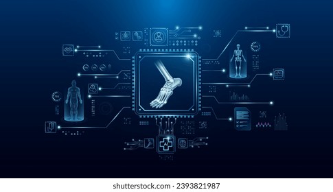 Ankle joint bone organ human in microchip processor circuit board. HUD interface hologram. Innovative health care analysis of AI technology digital hi tech. Modern treatment future medicine. Vector.