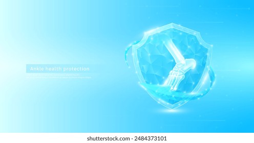 Articulación del tobillo de estilo poligonal en escudo brillante rodeado de flechas azules. Símbolo de protección de la ciencia médica. Concepto de atención médica. Vector de Anuncio EPS10.