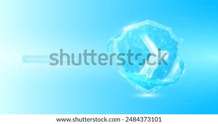 Ankle joint bone style polygonal in shield glowing surrounded by blue arrows. Medical science protection symbol. Health care concept. Banner vector EPS10.
