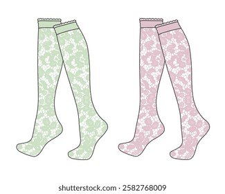 Ankle lace knee high fashion socks design technical flat sketch vector mockup template.