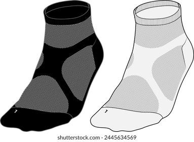 Calcetines deportivos de longitud de tobillo boceto plano ilustración de moda dibujo maqueta de Plantilla, calcetines de tobillera cad dibujo para hombres y mujeres unisex, diseño de calcetines atléticos.