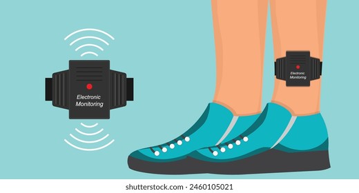 Knöchel-Überwachungsgerät auf Hintergrund. Elektronische Musik Monitoring EM Tagging System Tag Territory Offenes Täter.Beinerkennung Sensor-Vektorillustration.