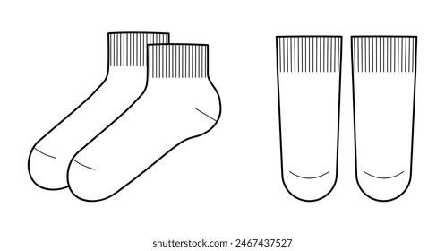 Knöchelsocken-Längenset. Mode Strumpfwaren Accessoire Bekleidung technische Illustration Strumpf. Vektorgrafik vorne, Seitenansicht für Herren, Damen, Unisex-Stil, flache Vorlage CAD Mockup Skizze isoliert