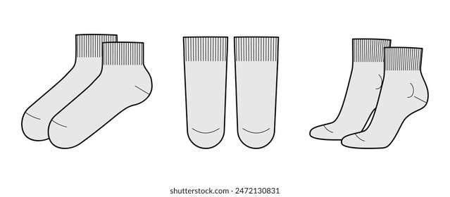 Knöchelsocken-Längenset. Mode Strumpfwaren Accessoire Bekleidung technische Illustration Strumpf. Vektorgrafik vorne, Seitenansicht für Männer, Damenstil, flache Vorlage CAD Mockup Skizze Umriss auf weißem Hintergrund 