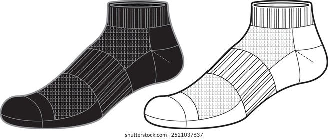 Knöchelsocken Tech Pack Vorlage flache Skizze Mode Illustration mock bis cad Zeichnung für Unisex Männer und Frauen Socken Design. Keine Sockenzeichnung.	