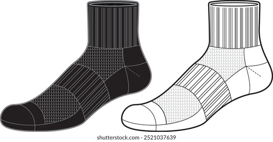 Knöchelsocken Tech Pack Vorlage flache Skizze Mode Illustration mock bis cad Zeichnung für Unisex Männer und Frauen Socken Design. Knöchellänge Socken Zeichnung.	