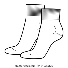 Ankle Socks women shape Technical drawing silhouette. Fashion accessory clothing technical illustration stocking. Vector side view style, flat template CAD mockup sketch outline isolated on white