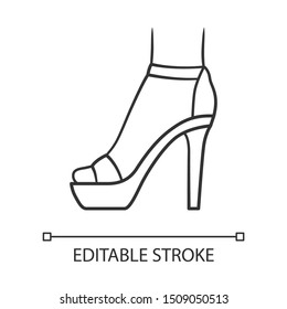 Ankle strap high heels linear icon. Woman stylish footwear design. Female party stiletto shoes. Editable stroke. Thin line illustration. Contour symbol. Vector isolated outline drawing
