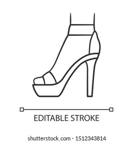 Ankle strap high heels linear icon. Woman stylish footwear design. Female party stiletto shoes. Editable stroke. Thin line illustration. Contour symbol. Vector isolated outline drawing
