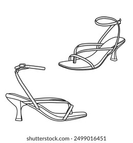 Ankle strap kitten heels with buckle. Technical sketch drawing of ankle strap heels for woman line art, front, and side view, flat sketch vector, isolated on a white background.