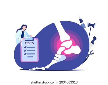 Ankle,foot Arthritis.Woman Tiny Doctor Traumatologist Orthopedist Analyze Examine Human Foot Joint Using Tests,xray Pictures,flat Vector Illustration.Osteoarthritis,rheumatoid Arthritis,joint Disease.