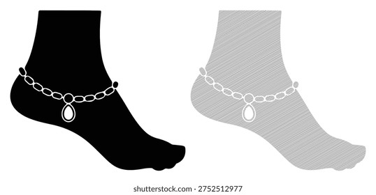 Anklet or an ankle bracelet with a gem on a leg icon outline set black and grey color
