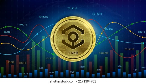 Moneda de Ankr (ANKR) Cryptocurrency blockchain. La futura tecnología de reemplazo de moneda digital, moneda alternativa, el número de la tabla dorada plateada de acciones hacia arriba es fondo. Ilustración vectorial 3D.