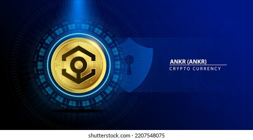 Ankr (ANKR) coin gold. Cryptocurrency blockchain. Future digital (crypto currency) currency replacement technology concept. On blue background. 3D Vector illustration.