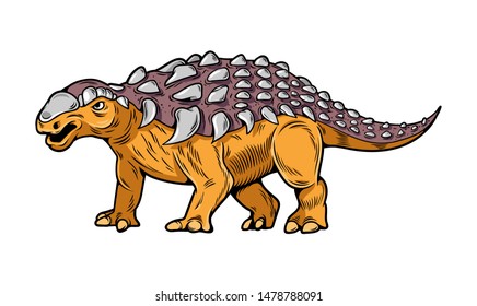 Ankylosaurus big dangerous dino reptile dinosaur. Cartoon illustration, drawing, engraving, ink, line art, vector. Isolated white background for print design t shirt clothes sticker badge poster.