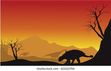 ankylosaurus and brachiosaurus in fields scenery silhouette at the afternoon
