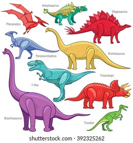 Anquilosauro, Brontosauro, estegosauro, triceratops, velociraptor, tiranosaurio, brachiosaurio, pterodáctilo. Establecer el reptil Jurásico ilustración vectorial caricatura dinosaurio aislado en fondo blanco. 