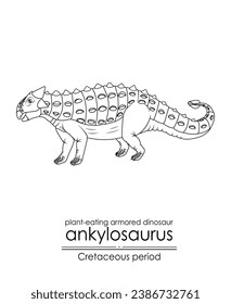 Ankylosaurus, un dinosaurio blindado de época cretácica que come plantas. Arte de línea blanca y negra, perfecto para colorear y propósitos educativos.