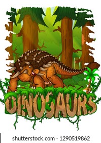 Ankylosaurus on the background of the forest. Vector logo. Dinosaur world