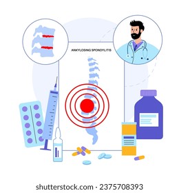 Ankylosing spondylitis. Arthritis that causes inflammation in the joints and ligaments of the spine. Inflamed and fusion vertebrae in the spinal column. Chiropractor appointment in clinic flat vector