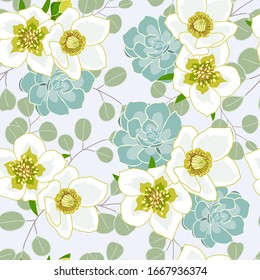 Anmeone, succulent, and eucalyptus leaves repeat pattern design