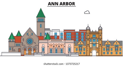 Ann Arbor,United States, flat landmarks vector illustration. Ann Arbor line city with famous travel sights, design skyline. 