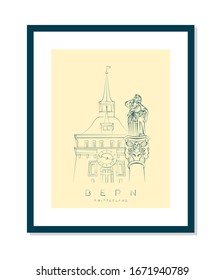 Estatua de Anna Brunnen y torre penitenciaria ilustración vectorial y diseño tipográfico Berna, Suiza