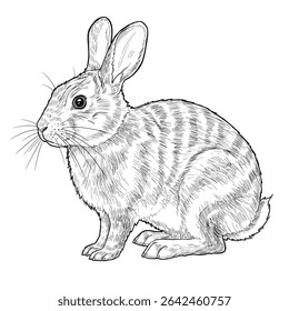 Annamite Striped Rabbit – Nesolagus timminsi. A gentle rabbit with striped fur, illustrated in a detailed sketch sitting on soft ground. The drawing highlights the animal's unique markings and calm 