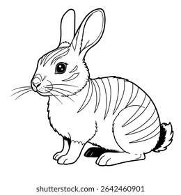 Annamite Striped Rabbit – Nesolagus timminsi. A gentle rabbit with striped fur, illustrated in a detailed sketch sitting on soft ground. The drawing highlights the animal's unique markings and calm 