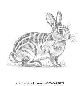 Annamite Striped Rabbit – Nesolagus timminsi. A gentle rabbit with striped fur, illustrated in a detailed sketch sitting on soft ground. The drawing highlights the animal's unique markings and calm 