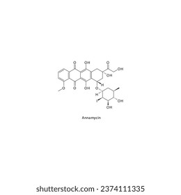 Estructura molecular esquelética plana de la anamicina Medicamento antraciclino utilizado en el tratamiento del cáncer. Ilustración vectorial.