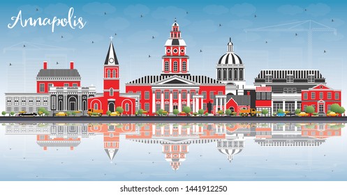 Annapolis Maryland City Skyline with Color Buildings, Blue Sky and Reflections. Vector Illustration. Business Travel and Tourism Concept with Historic Architecture. Annapolis USA Cityscape.