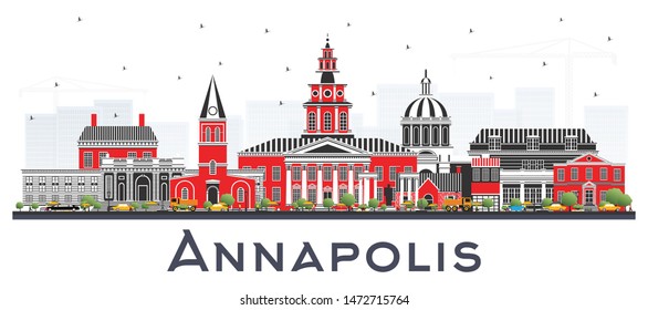 Annapolis Maryland City Skyline with Color Buildings Isolated on White. Vector Illustration. Business Travel and Tourism Concept with Historic Architecture. Annapolis USA Cityscape with Landmarks.