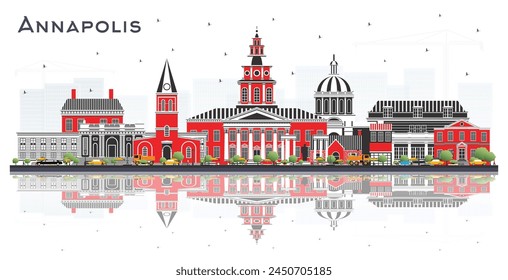 Annapolis Maryland City Skyline with Color Buildings and reflections Isolated on White. Vector Illustration. Tourism Concept with Historic Architecture. Annapolis USA Cityscape with Landmarks.