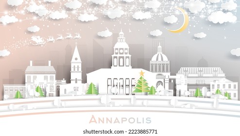 Annapolis Maryland City Skyline in Paper Cut Style with Snowflakes, Moon and Neon Garland. Vector Illustration. Christmas and New Year Concept. Santa Claus on Sleigh. Annapolis Cityscape Landmarks.