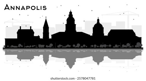 Annapolis Maryland City Skyline Silhouette with Black Buildings and reflections Isolated on White. Vector Illustration. Tourism Concept Historic Architecture. Annapolis USA Cityscape with Landmarks.