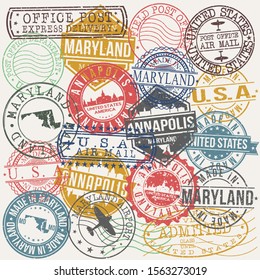 Annapolis Maryland Set of Stamps. Travel Stamp. Made In Product. Design Seals Old Style Insignia.