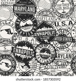Annapolis, MD, USA Pattern of Stamps. Travel Passport Stamps. Made In Product. Design Seals in Old Style Insignia Seamless. Icon Clip Art Vector Collection.