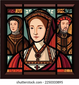 Anne Boleyn with Catherine of Aragon at left and Henry VIII at right, stained glass style.