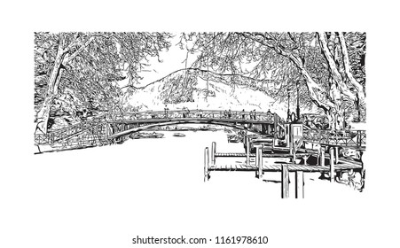 Annecy is an alpine town in southeastern France, where Lake Annecy feeds into the Thiou River. Hand drawn sketch illustration in vector.
