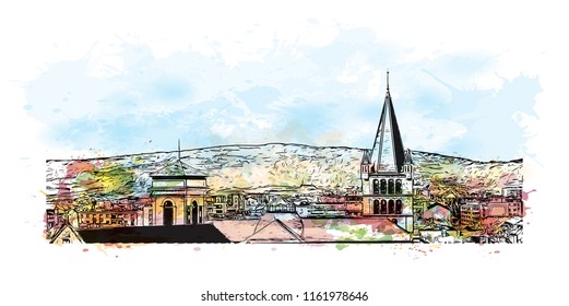 Annecy is an alpine town in southeastern France, where Lake Annecy feeds into the Thiou River. Watercolor splash with hand drawn sketch illustration in vector.