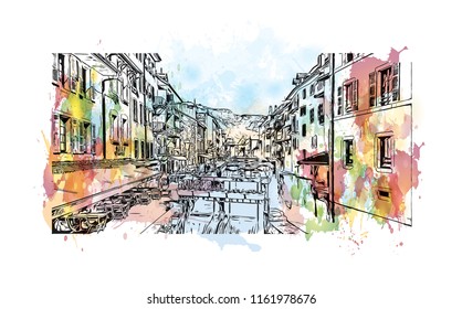 Annecy is an alpine town in southeastern France, where Lake Annecy feeds into the Thiou River. Watercolor splash with hand drawn sketch illustration in vector.