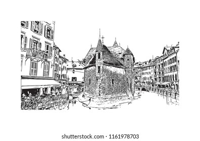 Annecy is an alpine town in southeastern France, where Lake Annecy feeds into the Thiou River. Hand drawn sketch illustration in vector.