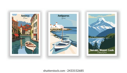 Annecy, Francia. Antíparos, Grecia. Aoraki, Monte Cook, Parque Nacional, Nueva Zelanda - Conjunto de 3 Carteles de Viaje Vintage. Ilustración vectorial. Impresiones de alta calidad