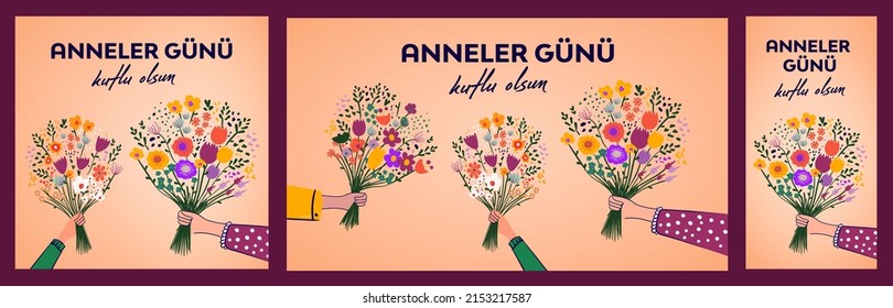 Anneler Günü Kutlu Olsun. Translation: Happy Mother's Day. Perfect for prints, stickers, cards, posters, banners. Bouquet of flowers and floral decorative vector elements.