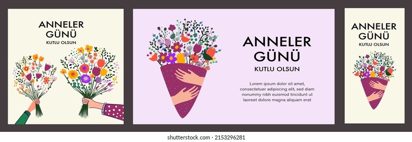 Anneler Günü Kutlu Olsun. Translation: Happy Mother's Day. Perfect for prints, stickers, cards, posters, banners. Bouquet of flowers and floral decorative vector elements.