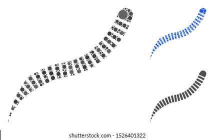 Annelid worm mosaic for annelid worm icon of filled circles in different sizes and color tones. Vector filled circles are united into blue mosaic. Dotted annelid worm icon in usual and blue versions.