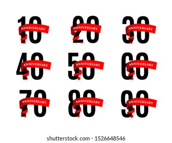 Anniversaries numbers with red ribbon vector illustrations set. Black numerals with crimson bands isolated on white background. 10 to 90 jubilee, birthday greeting card design elements pack